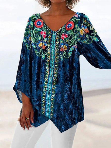 

V Neck Floral Casual Loose Shirt, Blue, Shirts & Blouses