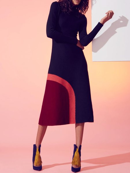 

Color Block Urban Stand Collar Regular Fit Dress, As picture, Midi Dresses