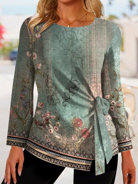 

Ethnic Crew Neck Casual Loose Shirt, Green, Shirts & Blouses