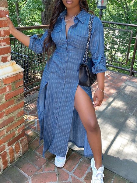 

Regular Fit Shirt Collar Striped Urban Dress, Blue, Maxi Dresses