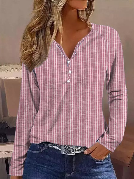 

V Neck Long Sleeve Striped Regular Loose Shirt For Women 2023, Pink, Blouses