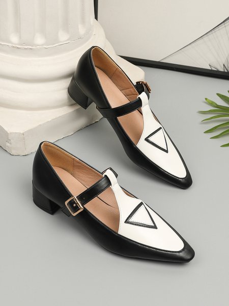 

Color Block Adjustable Buckle Urban T-Strap Shoes, Black-white, Flats