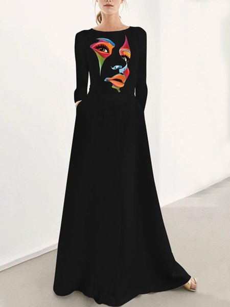 

Crew Neck Regular Fit Elegant Face Long Sleeve Maxi Dress With No Belt, Black, Maxi Dresses