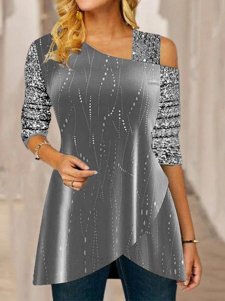 

Loose Abstract Casual One Shoulder T-Shirt, Gray, T-Shirts