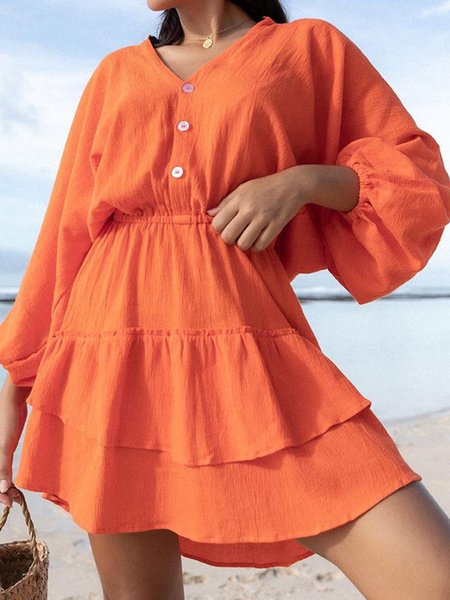

Women Plain V Neck Long Sleeve Comfy Casual Short Dress, Orange, Short