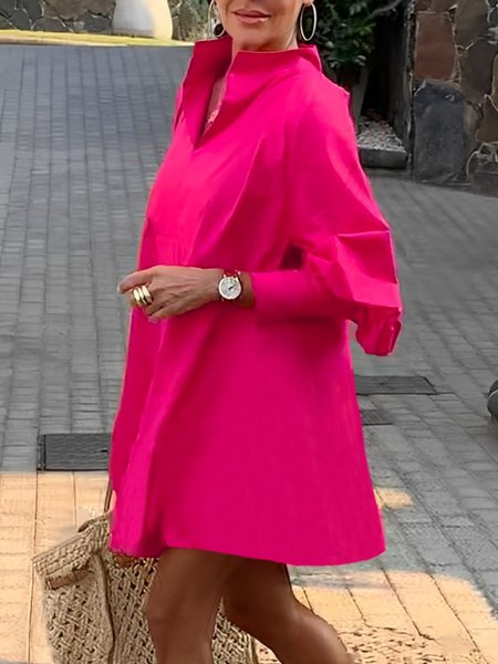 Pocket Stitching Plain Urban Mini Dress With No Belt, Deep pink, Mini Dresses
