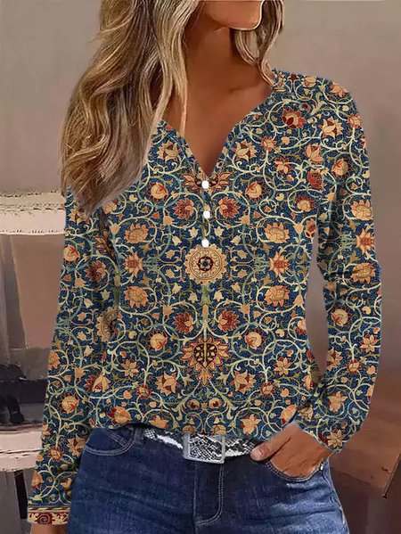 

Loose Casual Ethnic V Neck T-Shirt, Cameo brown, T-Shirts