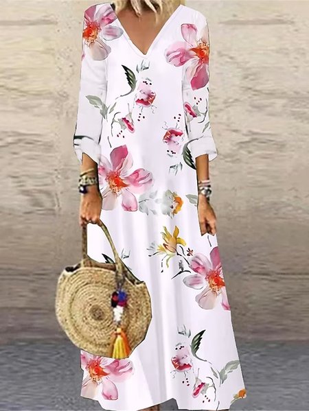 

Casual Loose V Neck Floral Dress, White, Dresses
