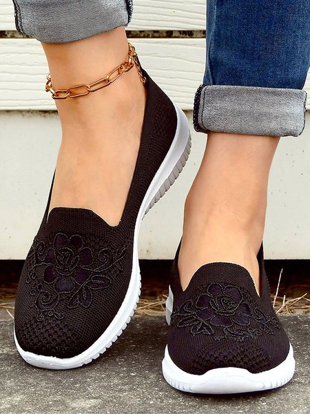 

Floral Embroidery Breathable Flyknit Slip On Sneakers, Black, Flats