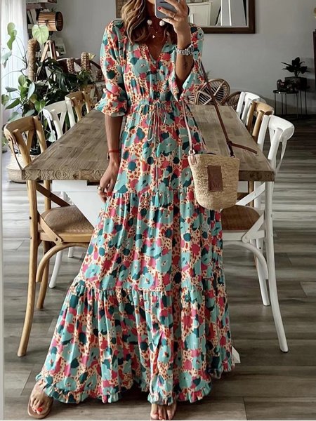 

Boho Printing Crew Neck Dress, Orange, Dresses