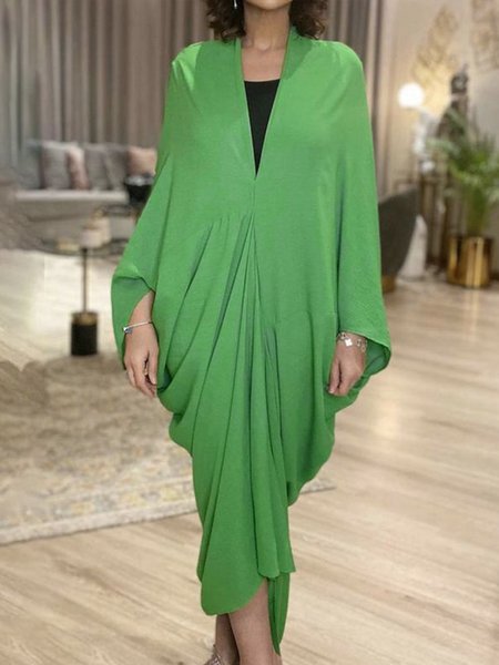 

Long Sleeve Plain V Neck Elegant Regular Fit Dress, Green, Midi Dresses