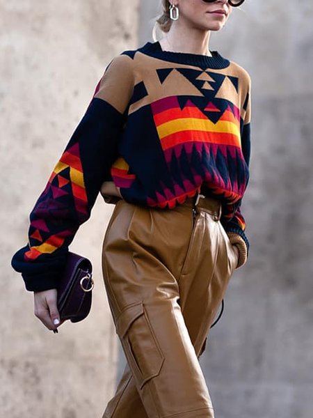 

Loose Urban Geometric Crew Neck Sweater, Multicolor, Sweaters