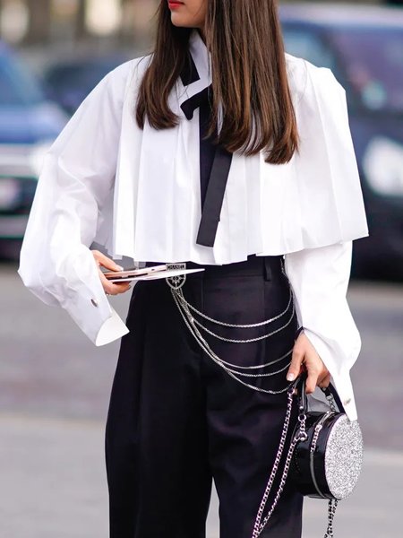 

Shirt Collar Loose Urban Plain Blouse, White, Blouses and Shirts
