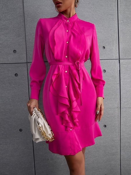 

Long Sleeve Stand Collar Plain Elegant Regular Fit Dress, Rose red, Mini Dresses
