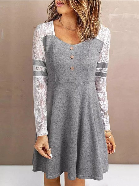 

Casual Color Block Lace Sleeve Crew Neck Loose Dress, Gray, Dresses