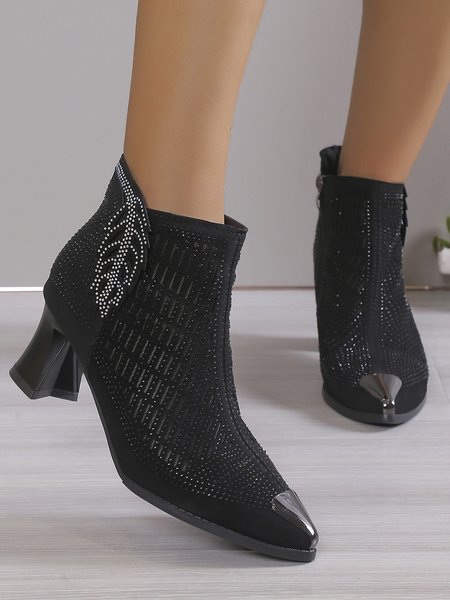 

Leaf Rhinestone Hollow Out Chunky Heel Fashion Dress Boots, Black, Boots