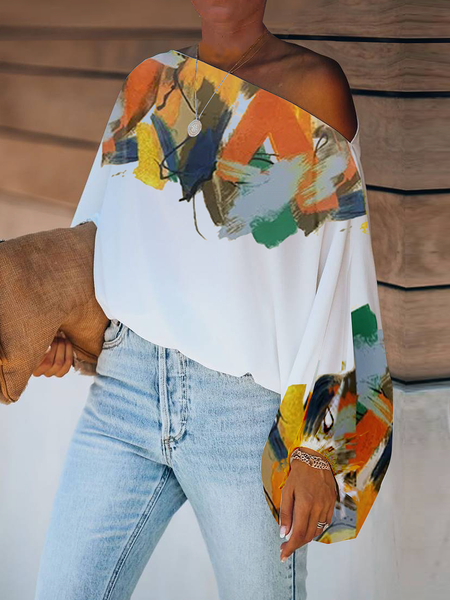 

Urban Asymmetrical Long Sleeve Loose Abstract Shirt, White, Blouses and Shirts
