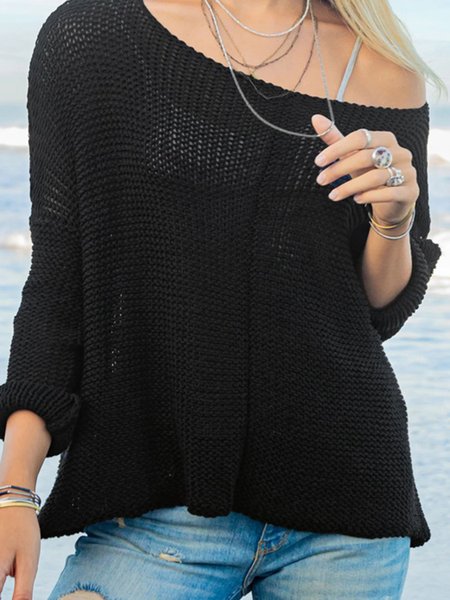 

Casual Plain Loose Crew Neck Sweater, Black, Sweaters