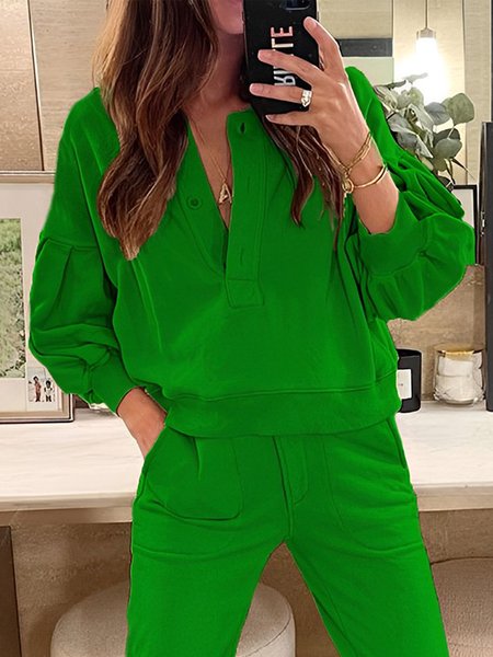 

Casual Plain Loose V Neck Long Sleeve Sweatshirt, Green, Hoodies and Sweatshirts