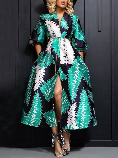 

Plants Elegant Regular Fit Midi Dress With Belt, Green, Maxi Dresses