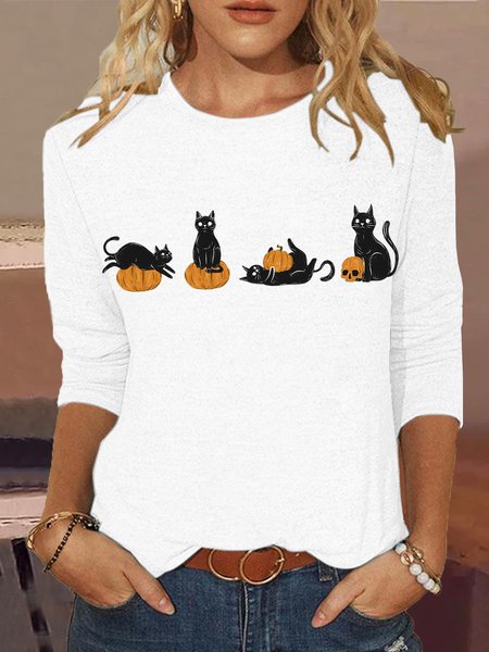

Women's Cool Halloween Cat Ghost Shirt, White, Long sleeves