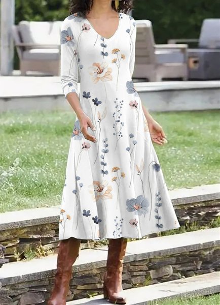 

Loose V Neck Floral Casual Dress, White, Dresses