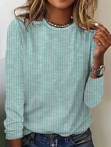 

Loose Casual Striped Crew Neck T-Shirt, Mint, Long Sleeves