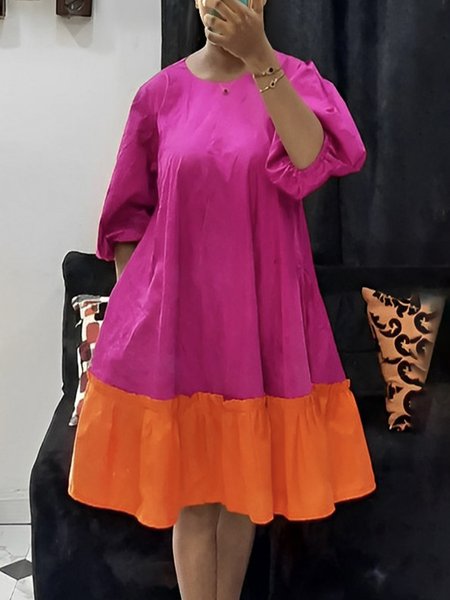 

Crew Neck Urban Color Block Regular Fit Dress, Rose red, Mini Dresses