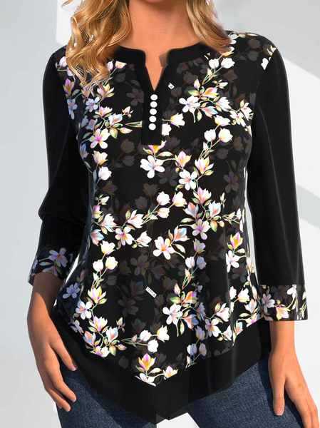 

Floral Stand Collar Casual Shirt, Black, Shirts & Blouses