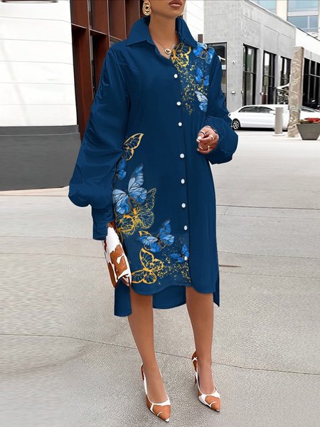 

Urban Shirt Collar Butterfly Print Loose Dress, Blue, Midi Dresses