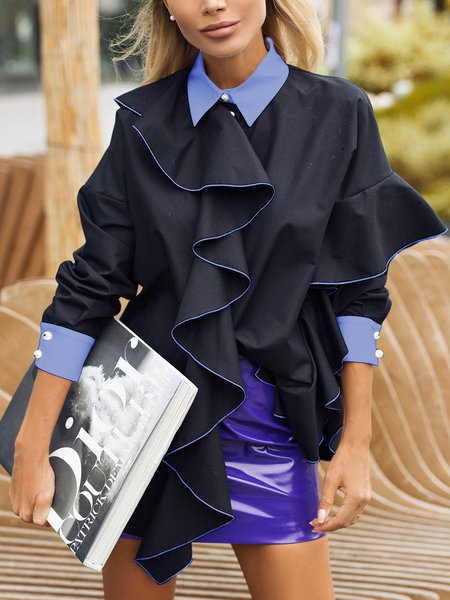 

Urban Shirt Collar Color Block Loose Blouse, Black, Blouses and Shirts