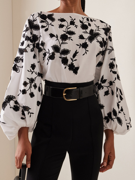 

Floral Urban Crew Neck Long Sleeve Regular Fit Blouse, White, Blouses and Shirts