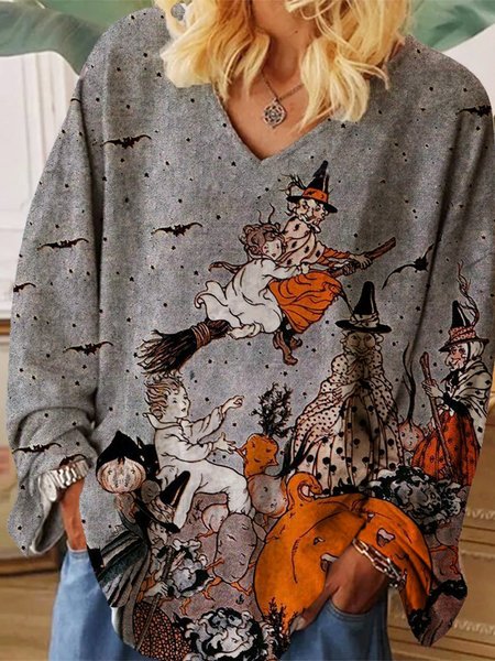 

V Neck Halloween Loose Casual T-Shirt, Orange, T-Shirts