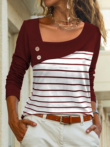

Striped Loose Casual Asymmetrical Shirt, Wine red, Long Sleeves