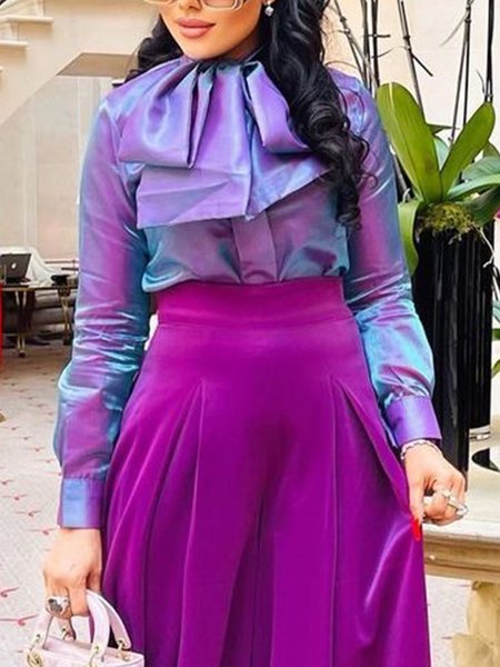 

Regular Fit Elegant Plain Long Sleeve Blouse, Purple, Blouses and Shirts