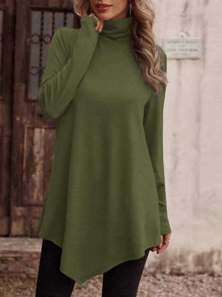 

Women Plain Turtleneck Casual Long Sleeve T-shirt, Green, Tunics