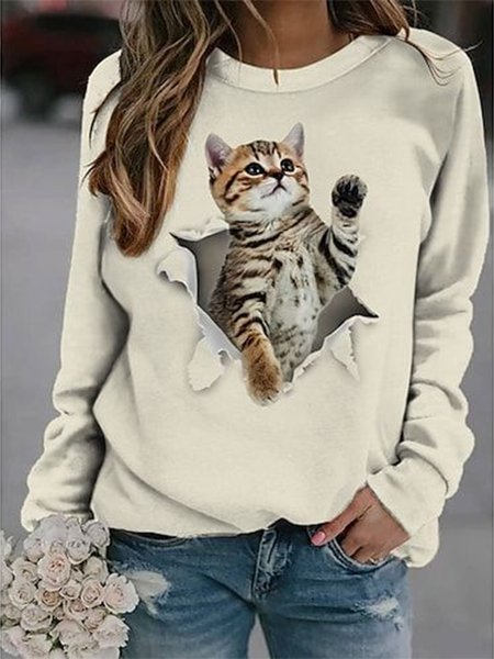 

Cat Crew Neck Loose Casual Sweatshirt, Beige, Sweatshirts & Hoodies