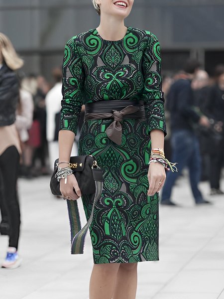 

Elegant Regular Fit Crew Neck Print Dress With No Belt, Green, Midi Dresses