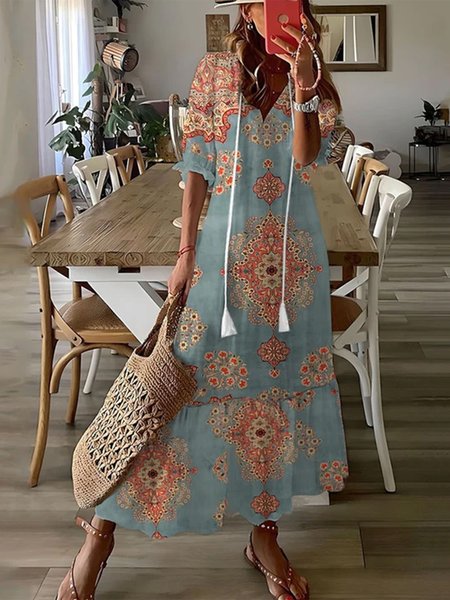 

Elegant Ethnic Tassel Dress, Blue, Dresses