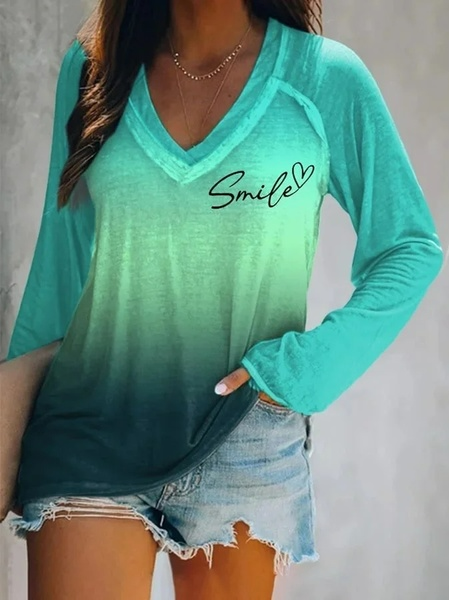 

Smile Ombre V Neck Casual Loose T-Shirt, Green, T-Shirts