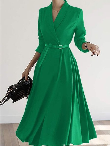 Urban Regular Fit Shawl Collar Midi Dress With Belt, Green, Midi Dresses