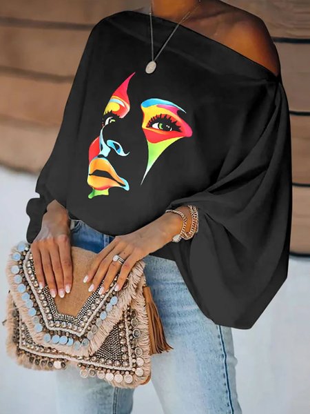 

Loose Urban Face Print Cold Shoulder Shirt, Black, Blouses and Shirts