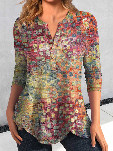 

Casual V Neck Buckle Ethnic Shirt, Red, Shirts & Blouses