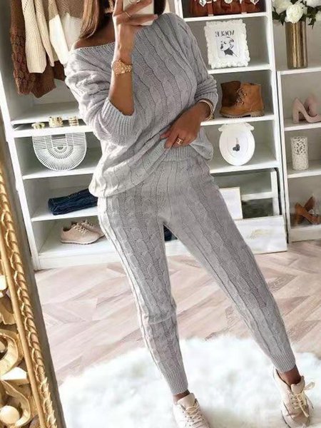 

Casual Plain Crew Neck Regular Fit Two-Piece Set, Light gray, Suit Set