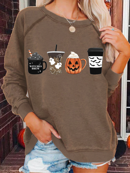 

Women's Fall Coffee Halloween Coffee Crew Neck Casual Loose Halloween Sweatshirt, Khaki, Hoodies&Sweatshirts