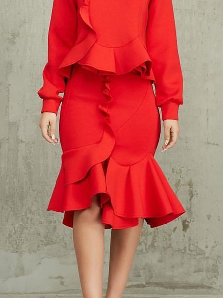 

Regular Fit Elegant Plain Midi Skirt, Red, Skirts