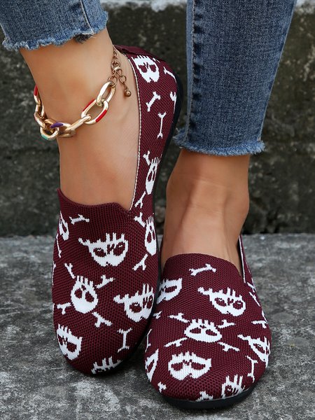 Halloween Skull Print Breathable Mesh Fabric Casual Shoes, Wine red, Flats