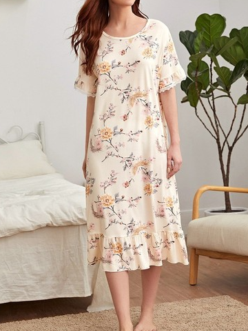 

Loose Crew Neck Regular Sleeve Casual Floral Lounge Dress, As picture, Loungewear & Sleepwear