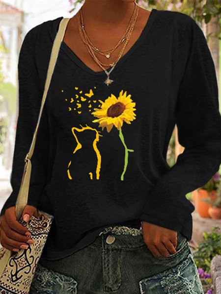 

Loose V Neck Cat Casual T-Shirt, Black, T-Shirts