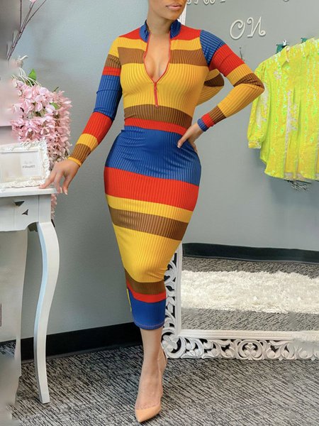 

Urban Regular Fit Stand Collar Striped Dress, Orange, Midi Dresses